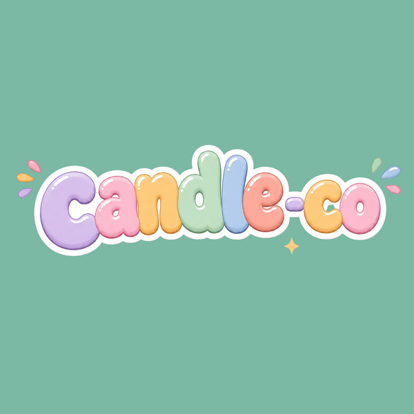 A colorful 'Candle-co' logo in bubbly pastel letters with small decorative sparkles and paint splashes on a plain white background.